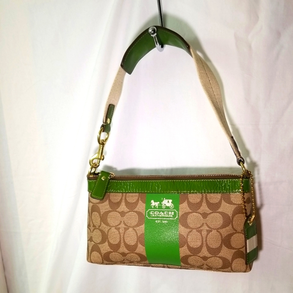 Coach 11562 Heritage Stripe Coated Canvas Khaki/ Green Trim Small Shoulder Bag